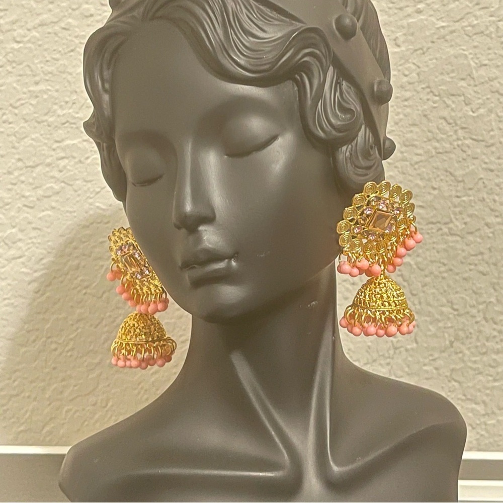 Bollywood Traditional Wedding Gold Polish Stone Faux Pearl Jhumkas Earring